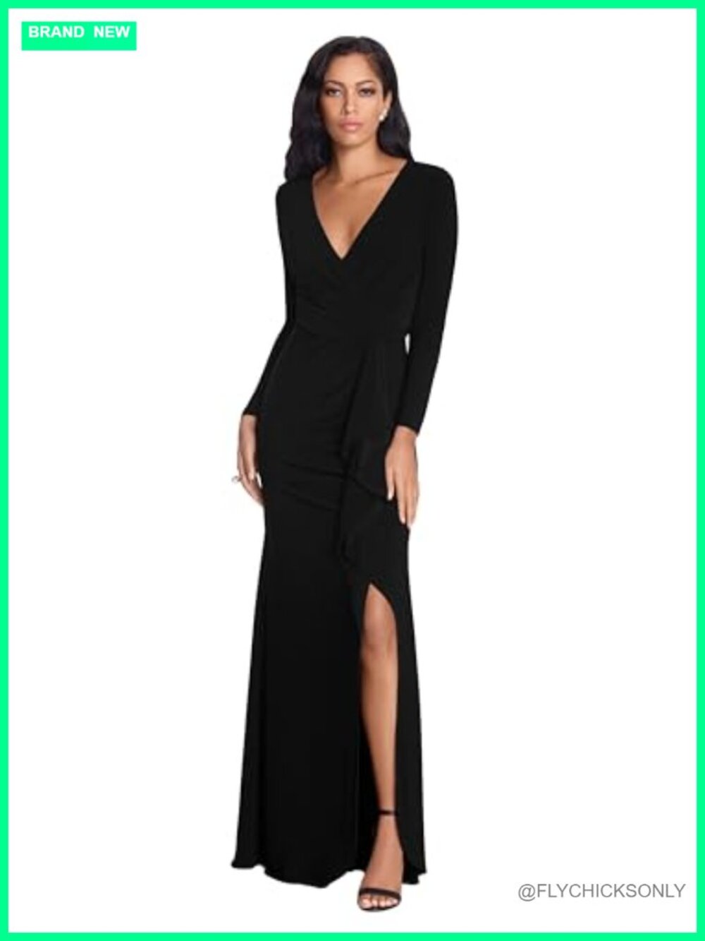 Women's V-Neck Long Sleeve Floor-Length Evening Gown with Side Slit